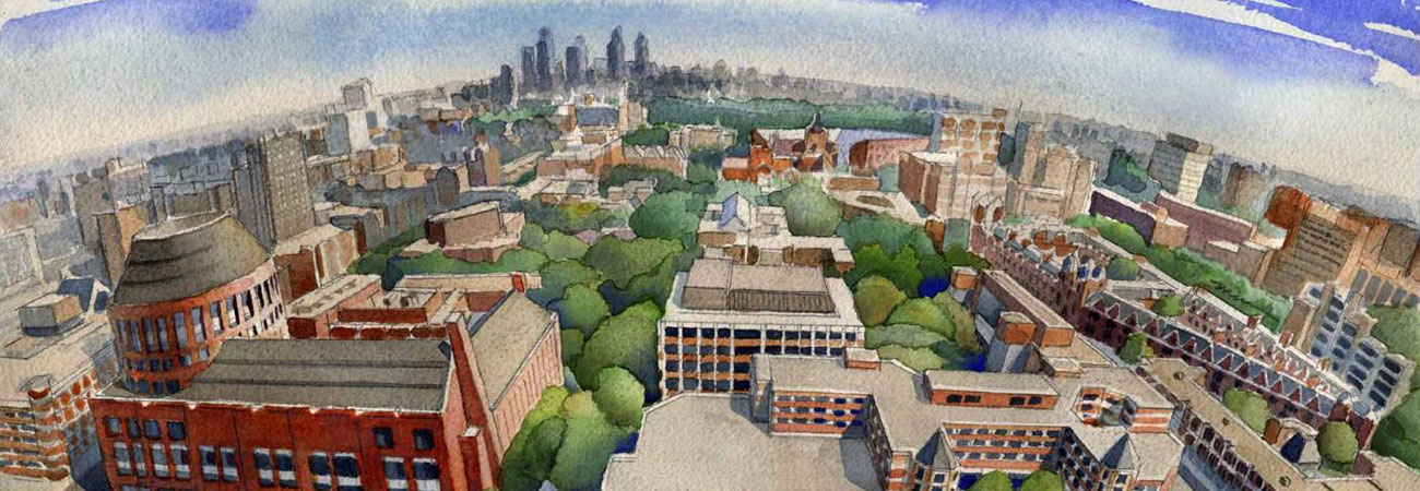 Illustration of Penn's campus and Philadelphia skyline